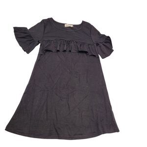 BesserBay Girl Casual Crew Neck Ruffle Short Sleeve A Line Cotton Black Dress XS